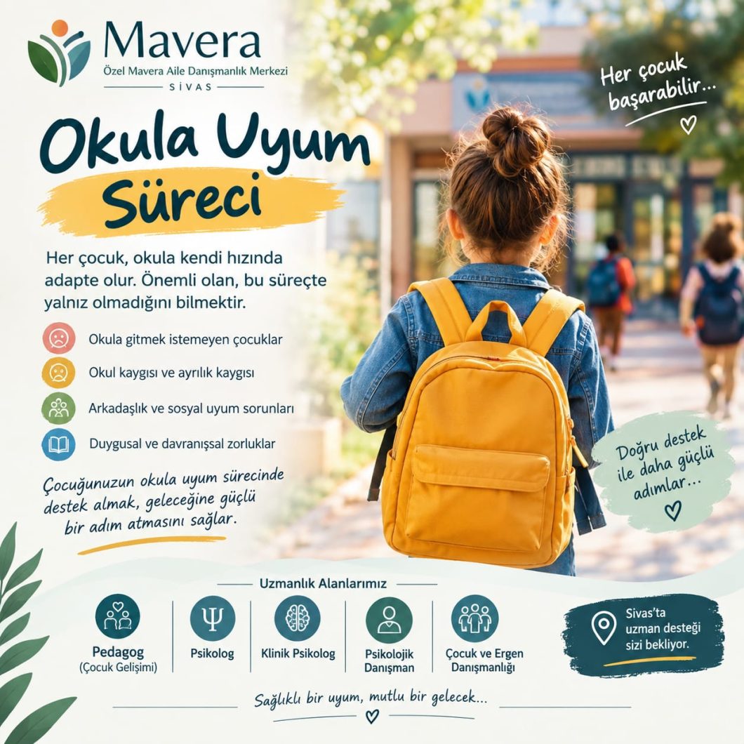 Okula Uyum Süreci | Sivas Pedagog ve Çocuk Danışmanlığı Meta açıklaması: Çocuğunuz okula gitmek istemiyor mu? Okula uyum süreci, okul kaygısı, ayrılık kaygısı ve çocuk danışmanlığı hakkında aileler için kapsamlı bilgiler.